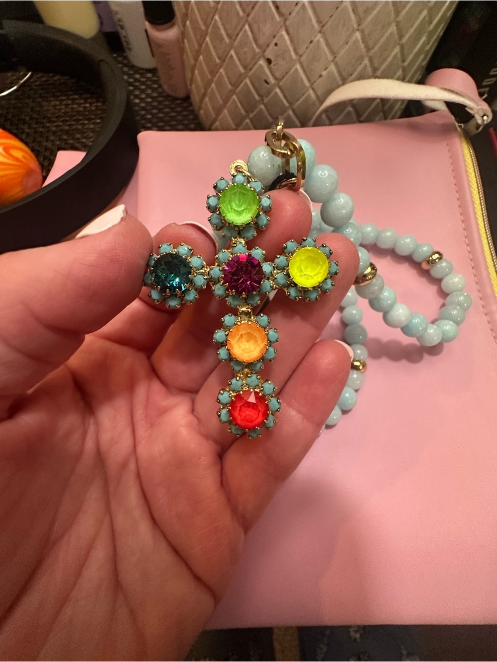 Tova BNWT Multicolor Beaded Cross Necklace in Light Blue - Picture 5 of 5